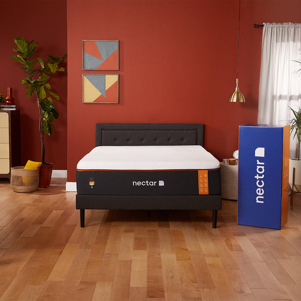 Nectar Premier Copper Memory Foam Mattress In Bedroom With Packaging Box