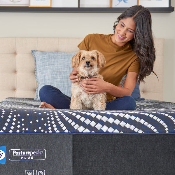 Woman With Dog Sitting On Sealy High Point Ultra Soft Mattress In Bedroom