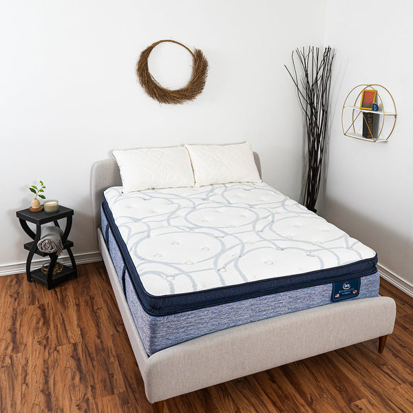 Serta iDirections X5 Hybrid II Plush Pillow Top Mattress On Bed Frame In Bedroom With Pillows Overhead View