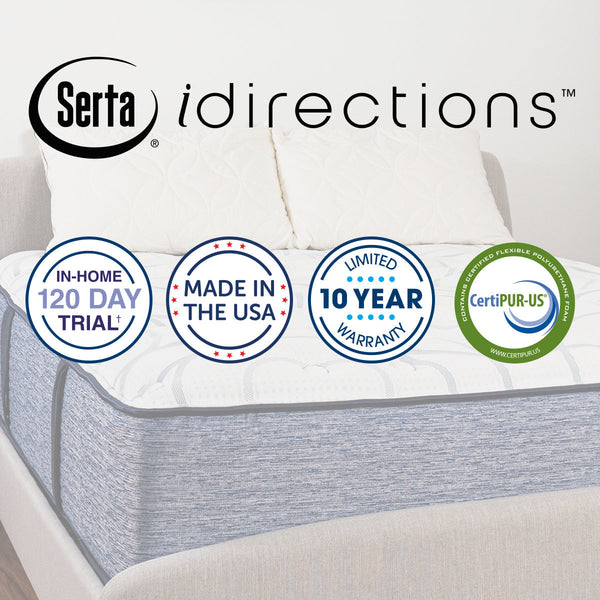 Serta iDirections X6 Hybrid II Firm Mattress Product Features; In-Home 120 Day Trial, Made in the USA, Limited 10 Year Warranty, CertiPUR-US Certified