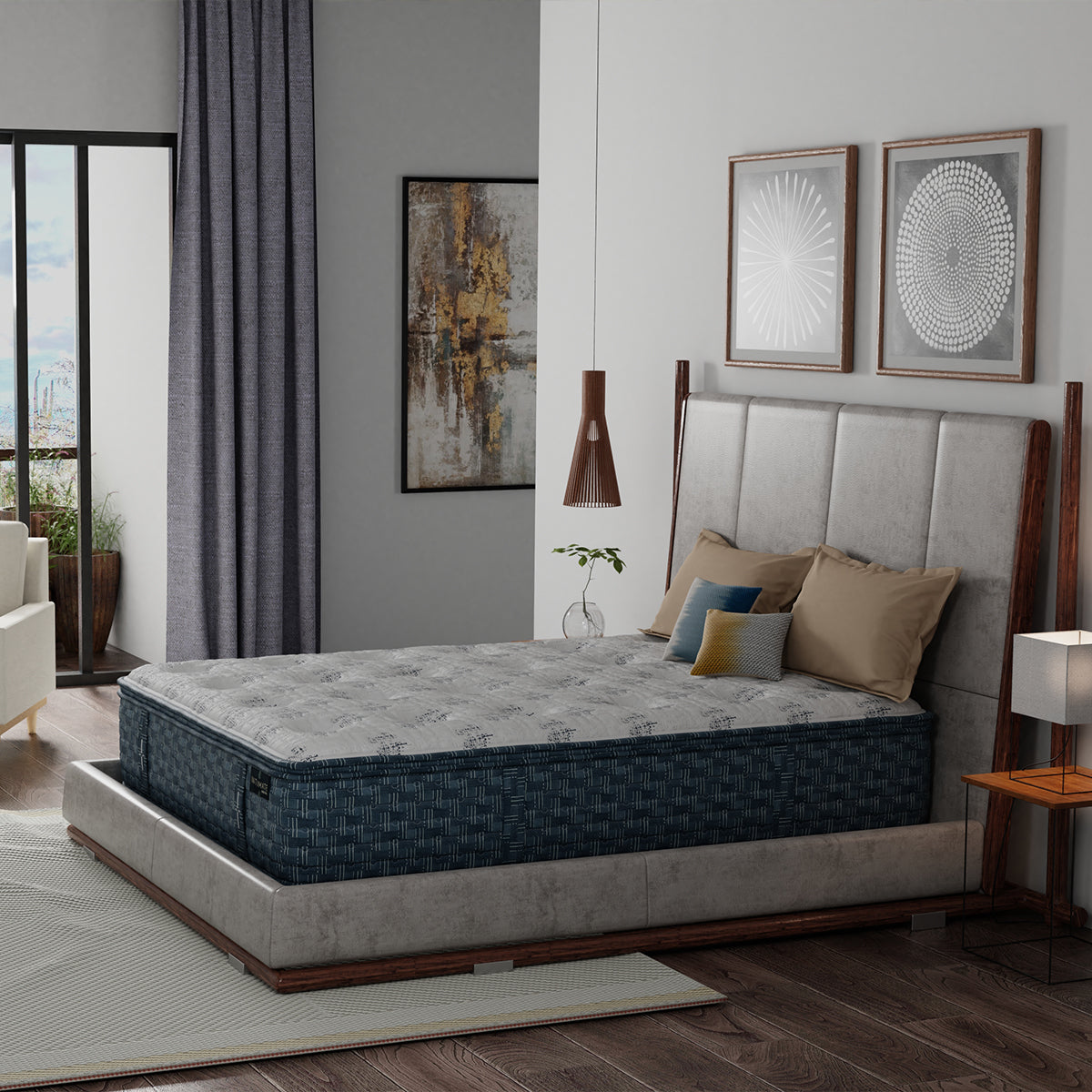 King Koil Williamsburg Plush mattress on an upholstered platform bed in a clean modern bedroom with large airy windows