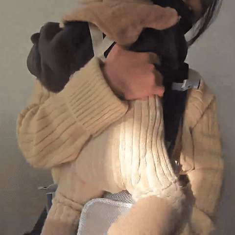 Une personne en pull beige balance doucement un petit chiot noir enveloppé dans une couverture marron, ressemblant au Porte Bebe | Face & Dos pour un confort optimal. Le fond est neutre, rehaussé dune lumière douce et naturelle.