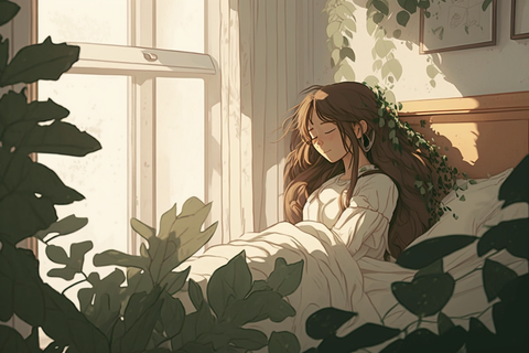 jeune femme dans son lit qui dors profondément, visage paisible, entourée de plantes vertes