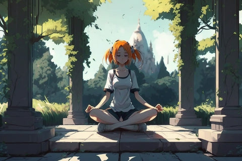 Jeune femme qui médite au milieu d'un temple