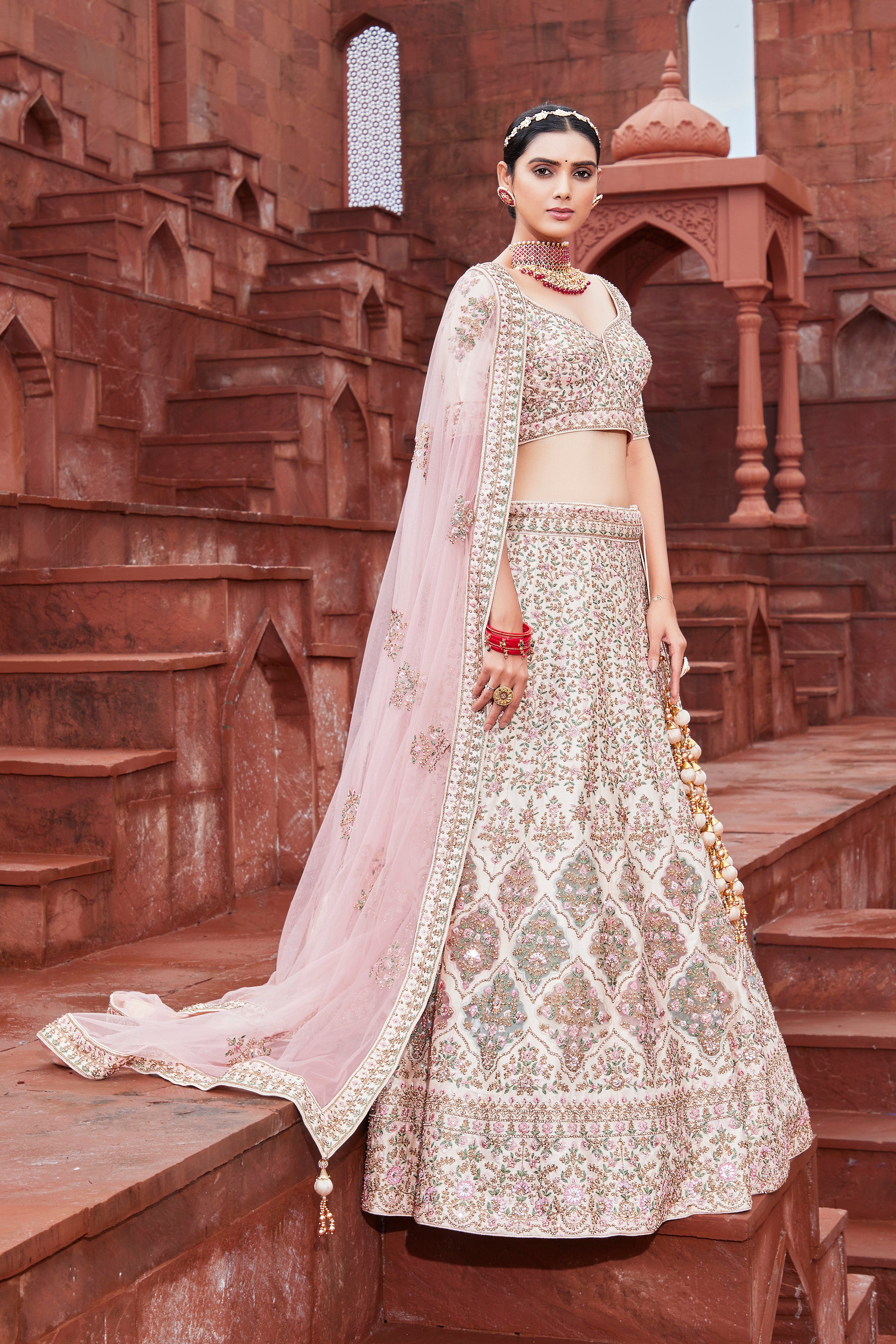 Cream Organza Mughal Meena Motif Lehenga Choli With Thread, Stone Work And  Pink Soft Net Dupatta | Exotic India Art