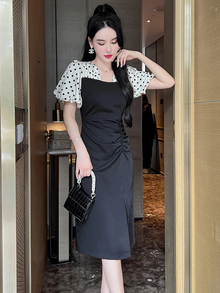 Black Vintage Dot Puff Sleeve Evening Dress for Women Femme
