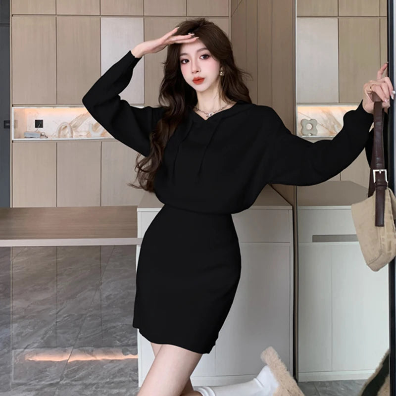 Trendy Winter Knitted Hooded Mini Dress for Women