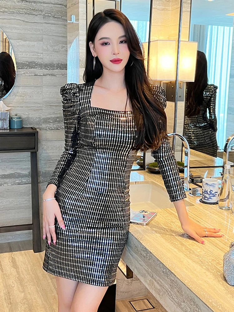 Elegant Sparkly Sequin Evening Dress for Women Bodycon Mini