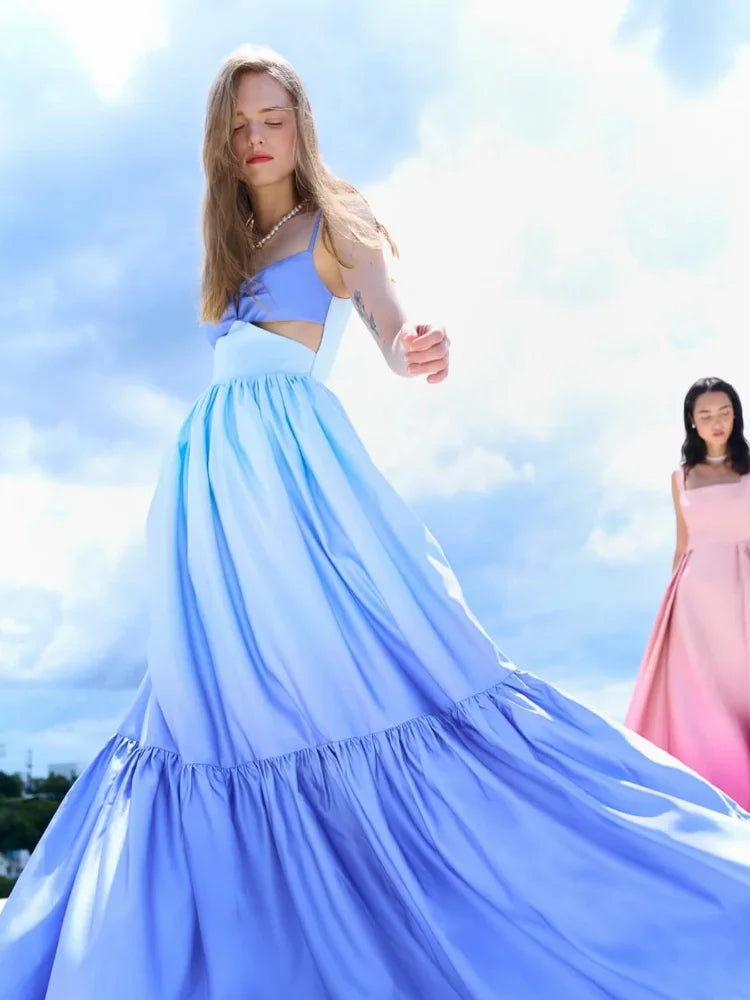 Spring Gradient Pleated Backless Dress for Lady Banquet Evening