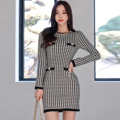 Korean Style ONeck Houndstooth Mini Dress for Women