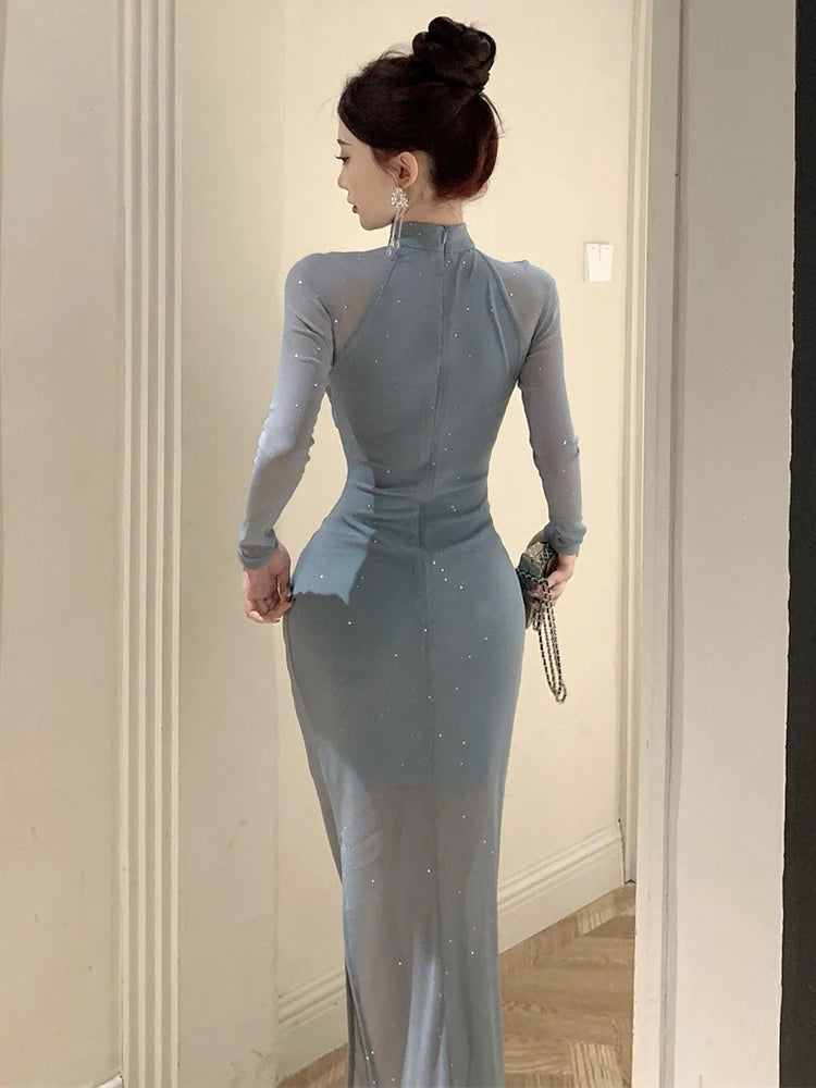 Elegant Sparkly Mesh Evening Long Dress for Women