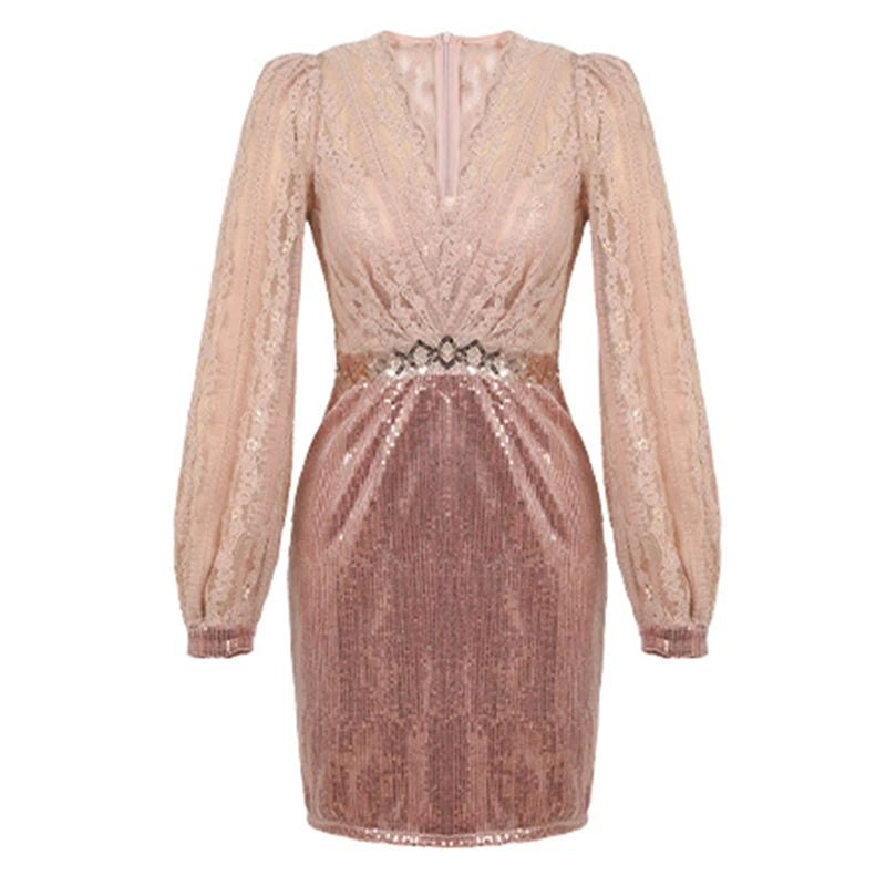 Pink Lace Sequin VNeck Mini Party Dress for Women
