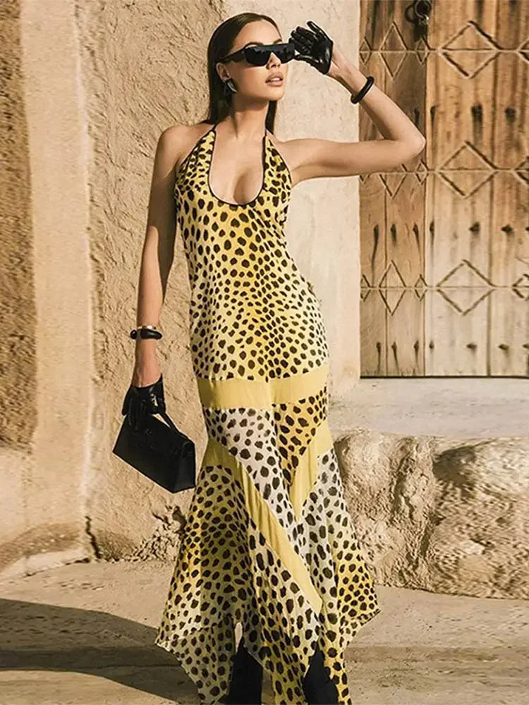 Leopard Print Patchwork Halter Dress: Sexy Backless Sheath Gown