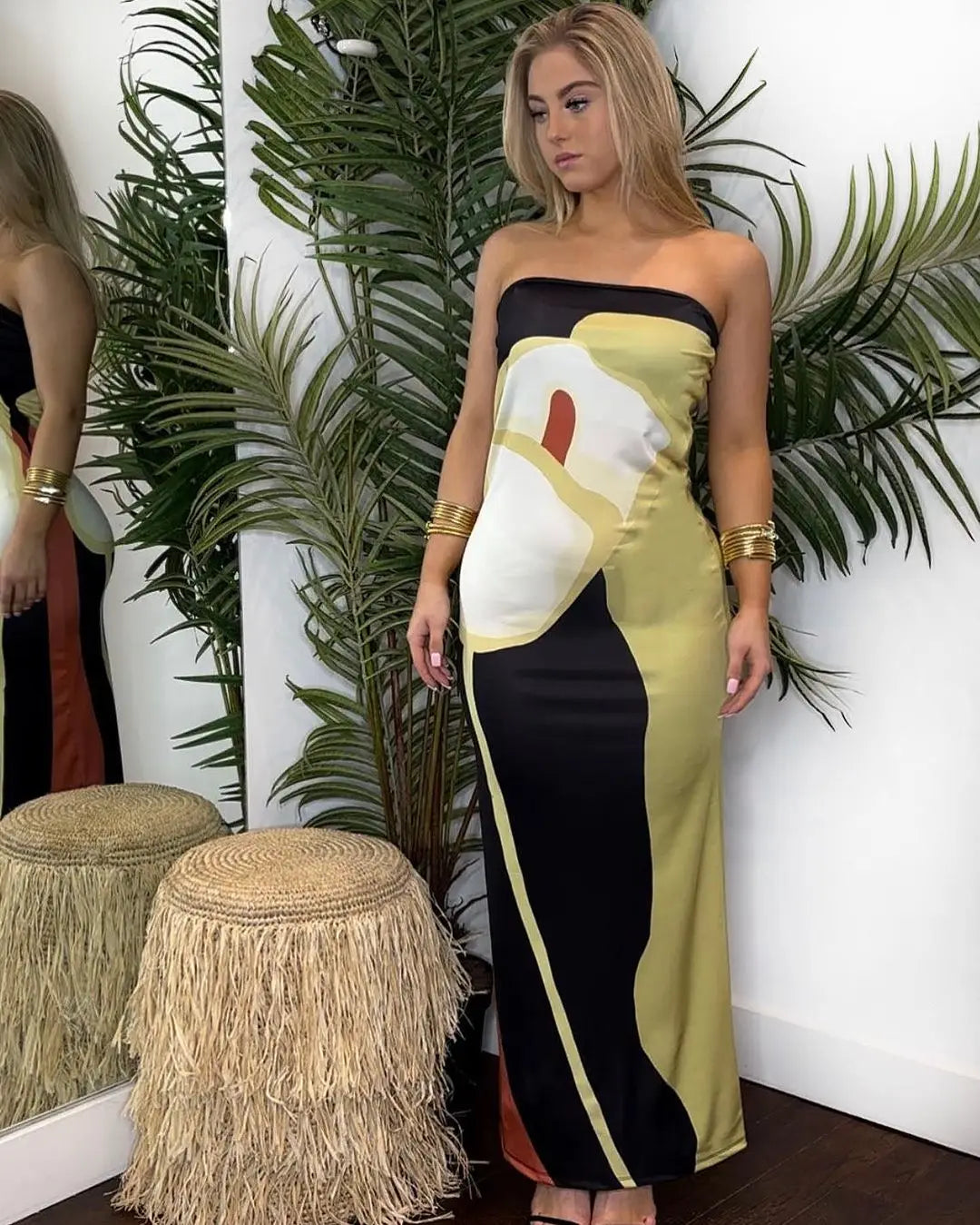 Printed Off Shoulder Dress: Elegant Sleeveless Long Beach Party Robe