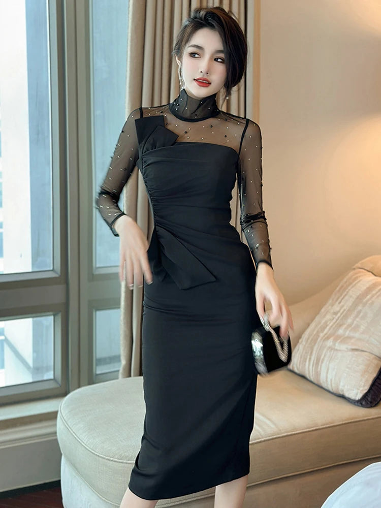 Sheer Mesh Long Evening Dress for Women Elegant Party Prom