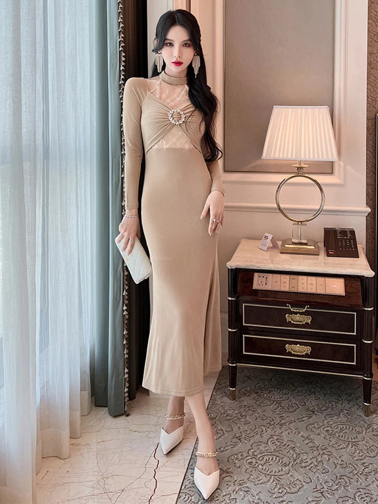 Elegant Women's Evening Sequin Glitter Halter Midi Dress