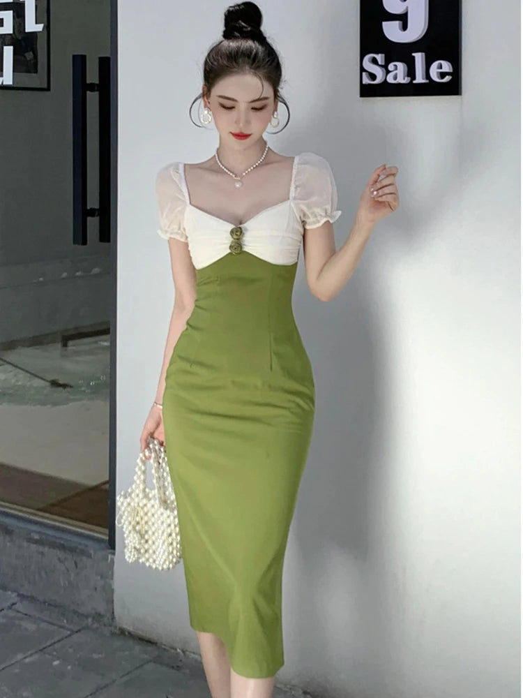 Elegant Korean Midnight Party Dress Square Neck Club Midi