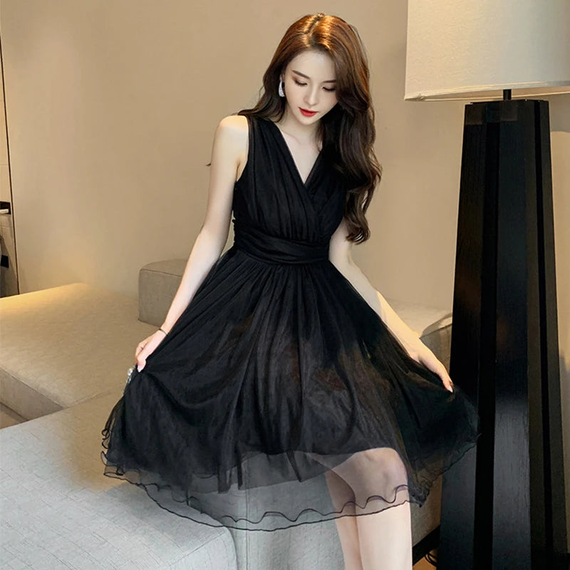 Vintage Sleeveless VNeck Midi Party Dress Women's Elegant Black