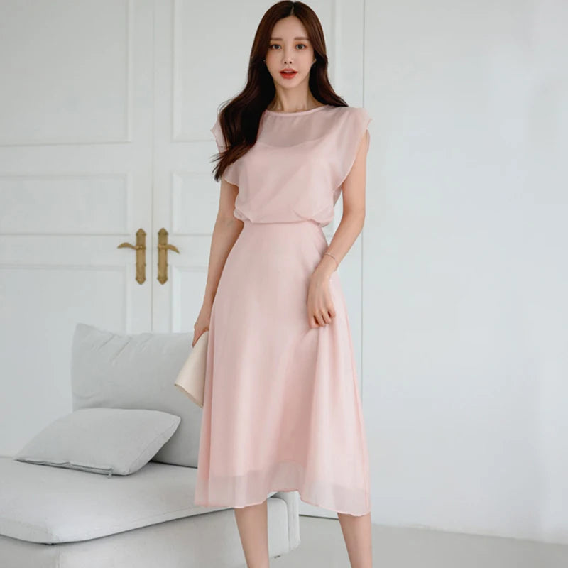 Korean Women’s Sweet Pink Sheer Midi Party Club Dress