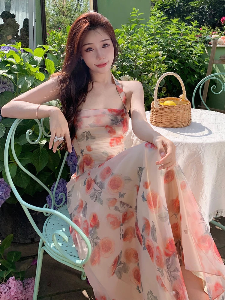 Elegant Floral Halter Maxi Dress for Korean Women's Formal Events.