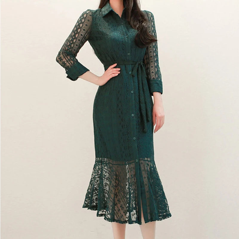 Sheer Lace Midi Mermaid Dress for Women: Elegant and Casual