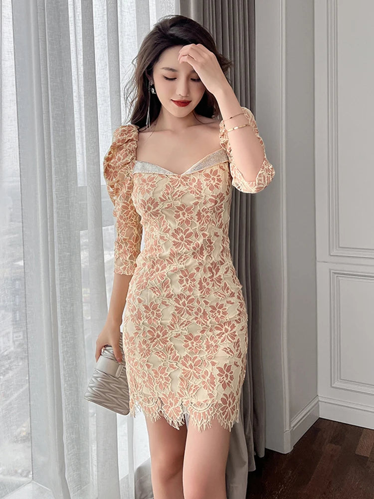 Floral Hollow Low Cut Puff Sleeve Mini Party Dress