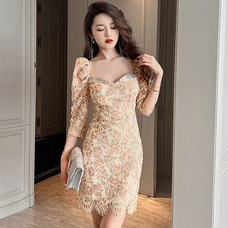 Floral Hollow Low Cut Puff Sleeve Mini Party Dress