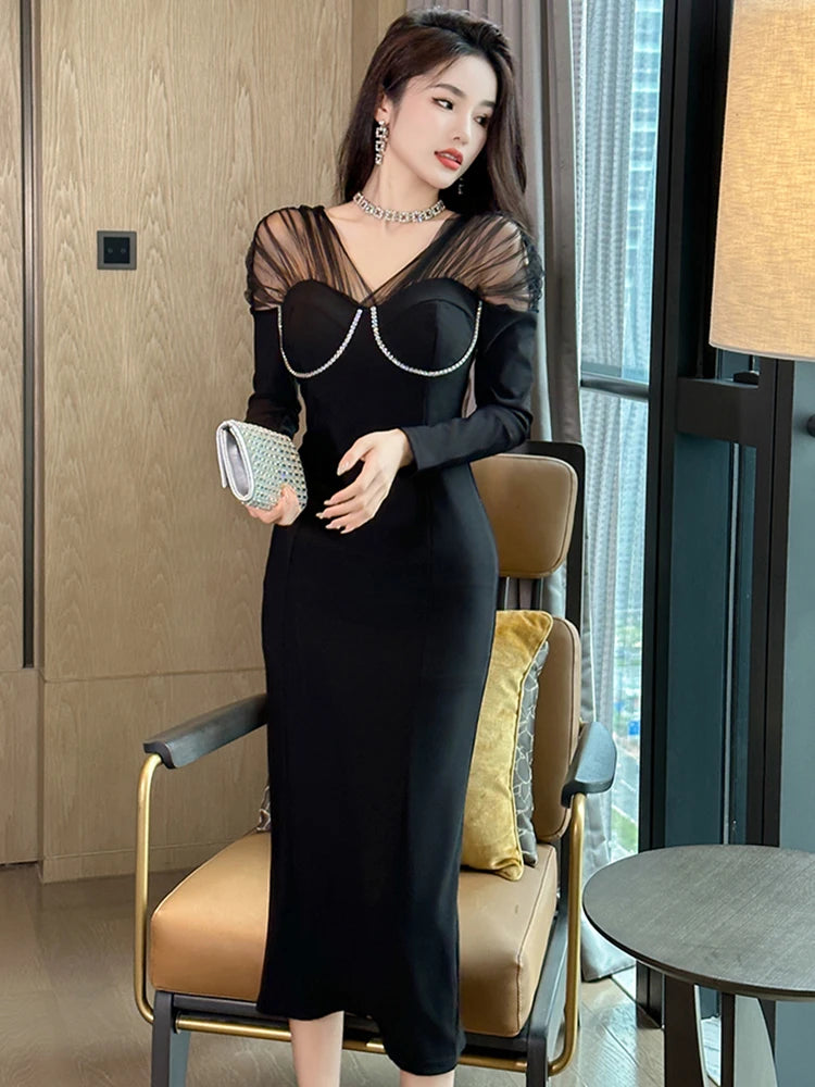 Stunning Black VNeck 2Piece Evening Dress for Women