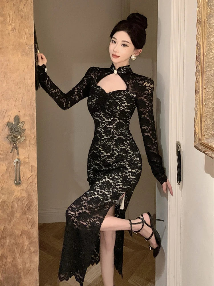 Sexy Hollow Black Lace Maxi Dress for Women's Evening Parties