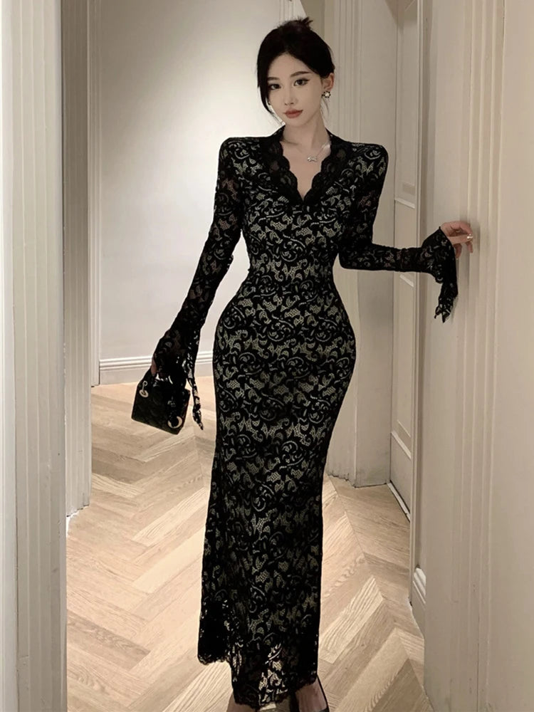 Black Lace VNeck Evening Maxi Dress for Women