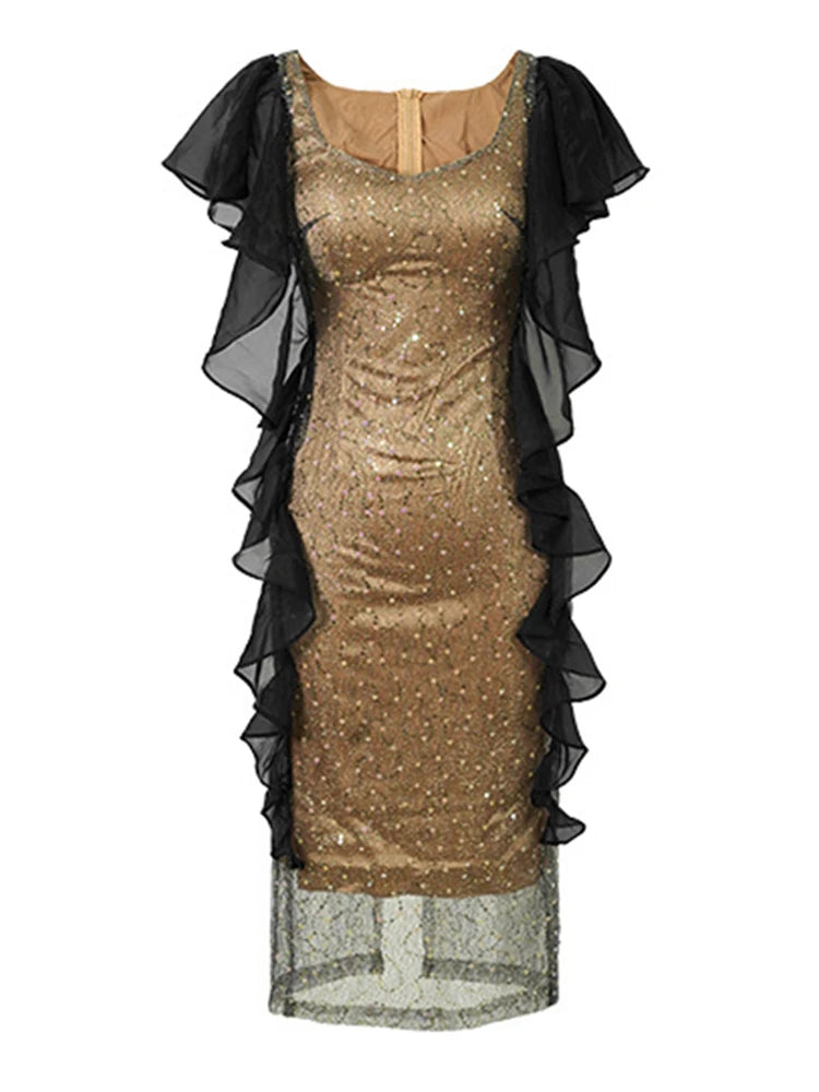 Sparkly Gold Evening Dress Elegant, Luxury VNeck Midi