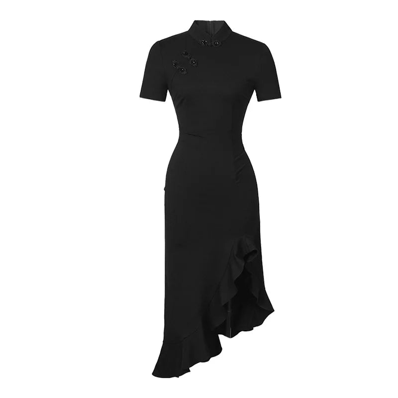 Chinese Style Elegant Black Midi Evening Dress for Women