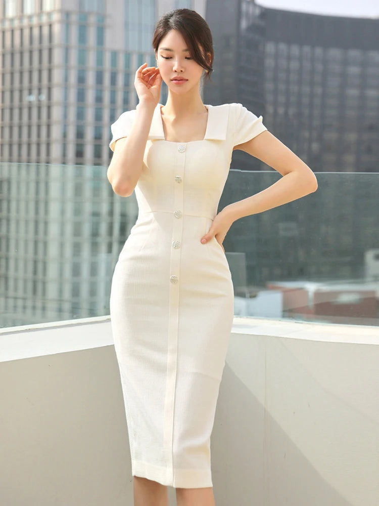 Korean Fashion Women's Pencil Dress Square Collar Midi Party Dress