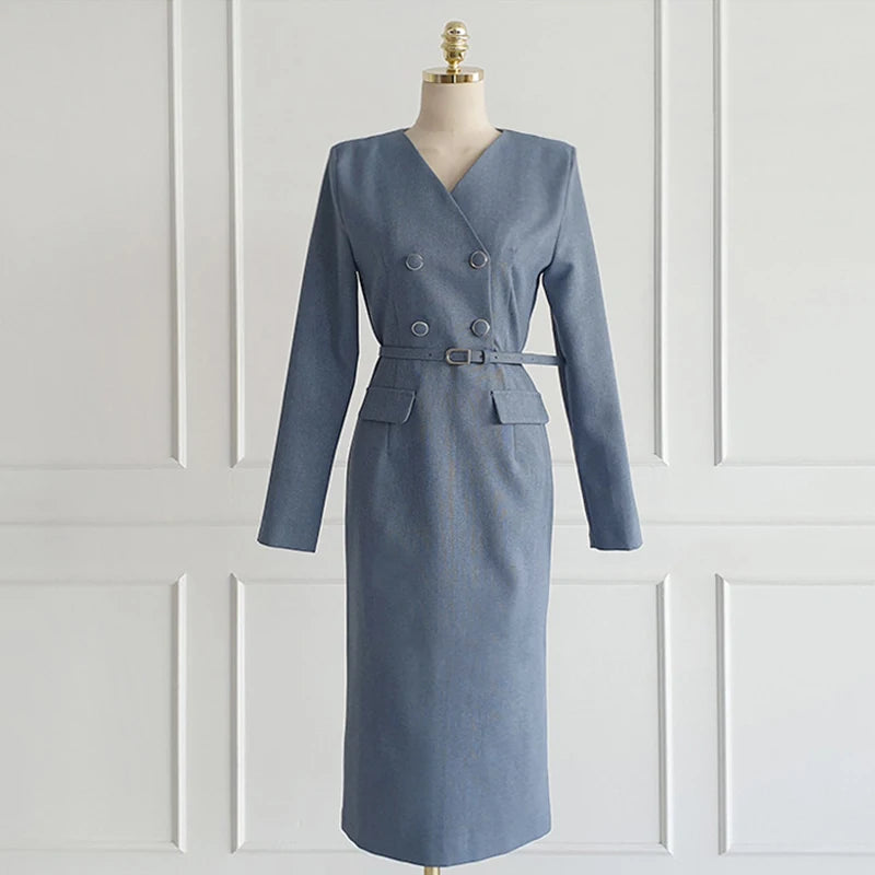 Chic VNeck Belted Midi Dress for Office and Formal Events