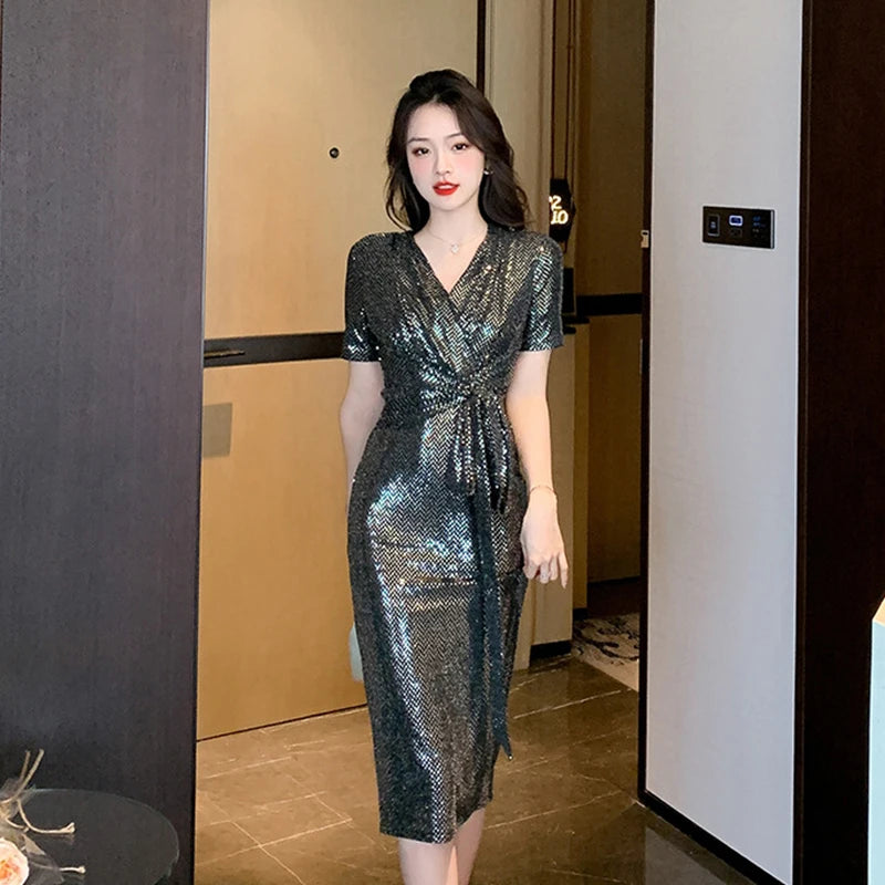 Elegant Sequin VNeck Wrap Midi Pencil Evening Dress