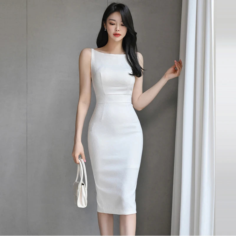 White Slim Midi Pencil Dress Elegant Office Wear for Women