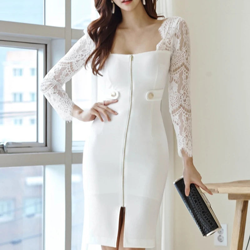 Chic Lace Slim Square Collar Dress for Women’s Evening Party