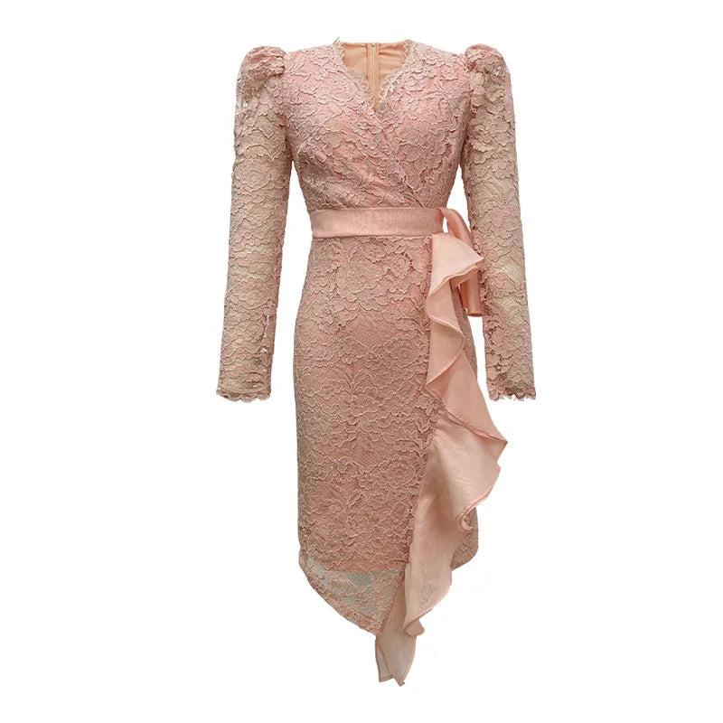 Pink Lace VNeck Wrap Mini Dress for Women’s Spring Events