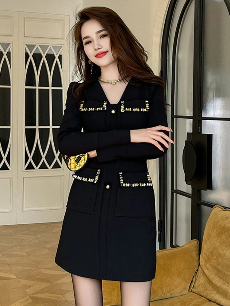 Elegant VNeck Black Blazer Dress for Women Office Wear