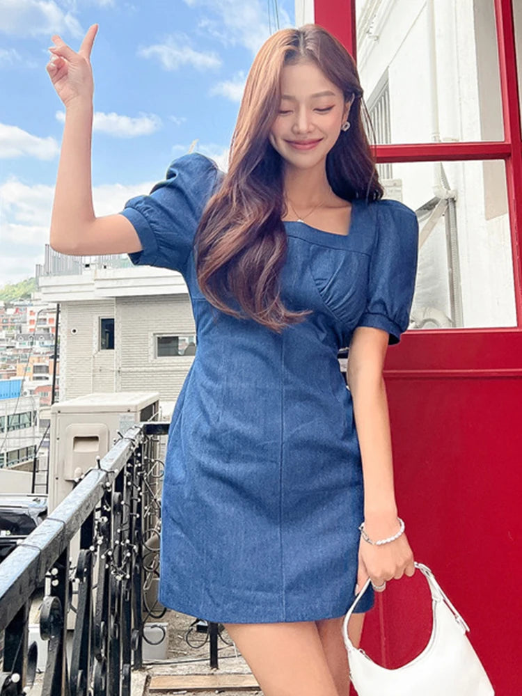 Square Collar Denim Mini Dress: Casual, Sexy, Slim Fit