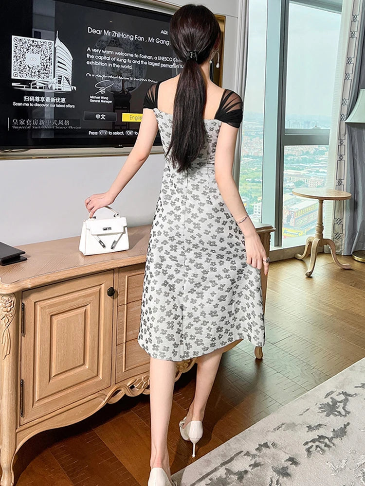 Floral Mesh Sheer Spliced Midi Party Dress for Women