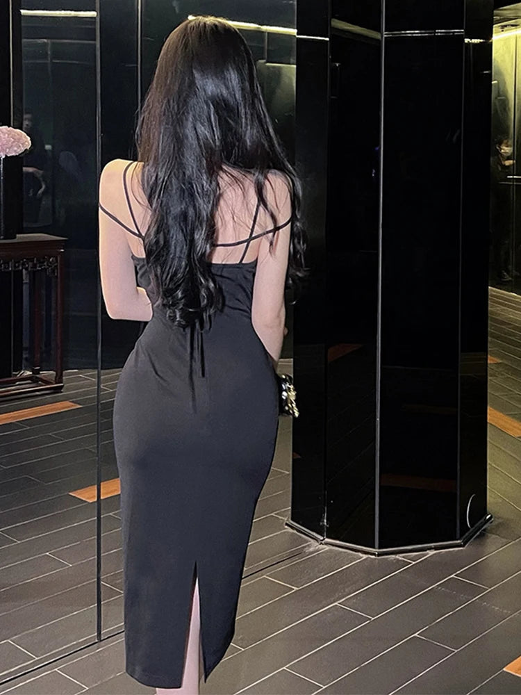 Stylish Black Backless Midi Dress for Women's Party Events