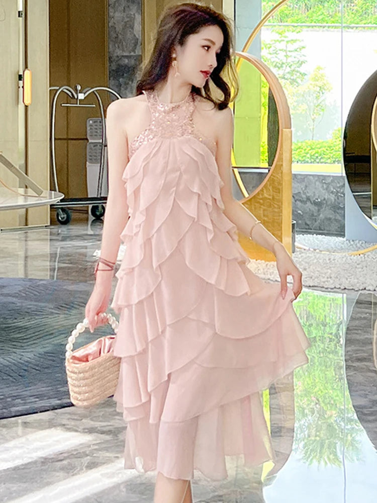 Women's Sequin Halter Backless Midi Party Dress for Prom/Birthday/Beach