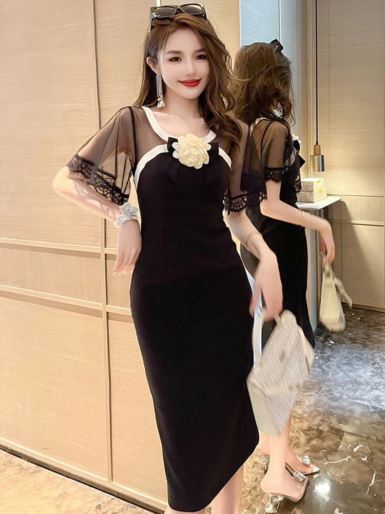 Sexy Mesh Flare Sleeve Slim Midi Dress for Formal Events