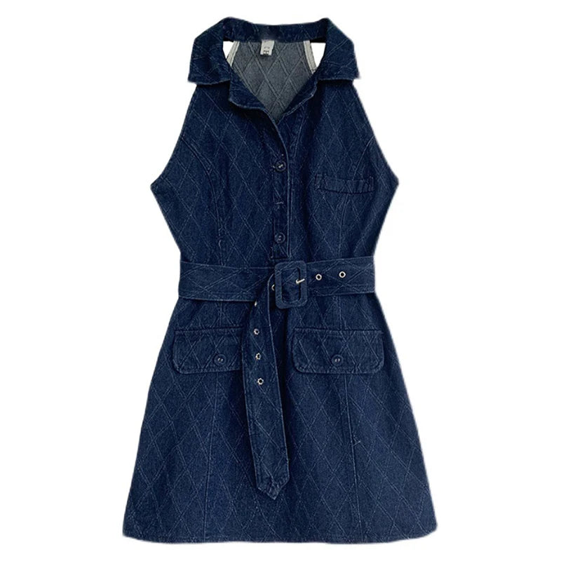 Vintage Denim Sleeveless Mini Dress Chic Street Style Fashion
