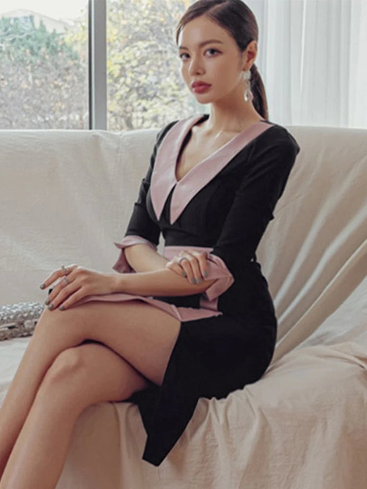 Korean Spring Midi Dress: Elegant VNeck Slim Fit for Women