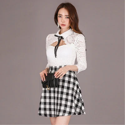 Sexy Hollow Lace Plaid ALine Mini Dress for Women