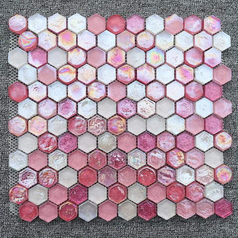 Hexagon Sugar Pink Red Rainbow Stained Glass Mosaic Tile Backsplash CGMT1902 Crystal Glass Bathroom Wall Tiles