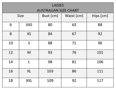 Azure Belle period swimwear size guide