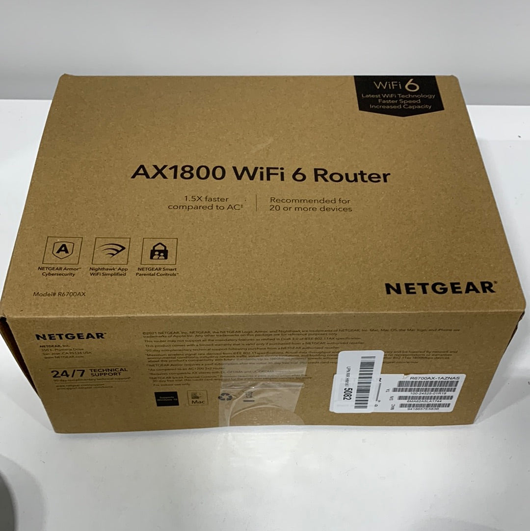 NETGEAR 4-Stream WiFi 6 Router (R6700AX) – AX1800 Wireless Speed (Up to 1.8 Gbps) | Coverage up to 1,500 sq. ft., 20 devices